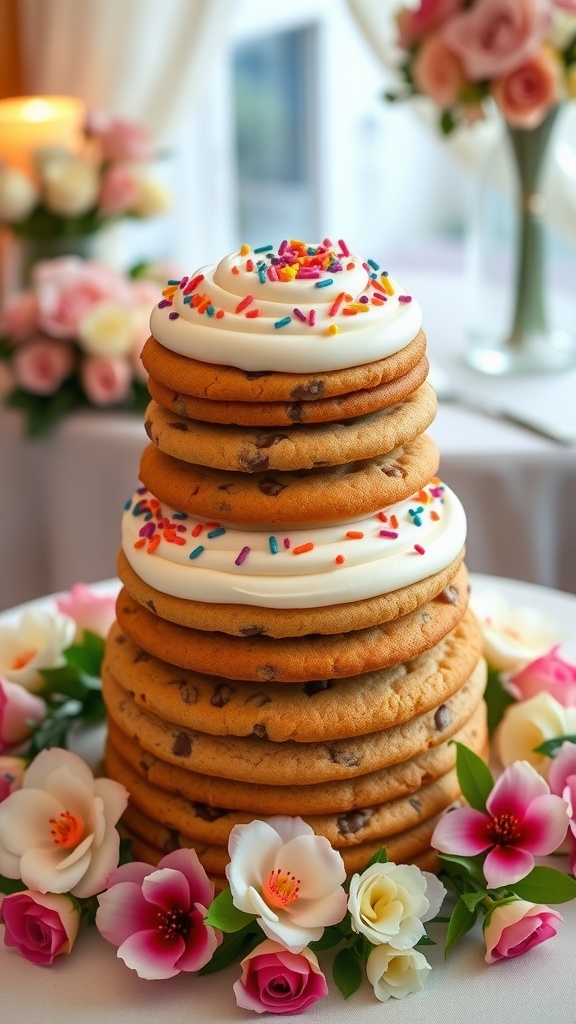 A stunning cookie wedding cake layered with chocolate chip cookies and buttercream, decorated with sprinkles and fresh flowers.